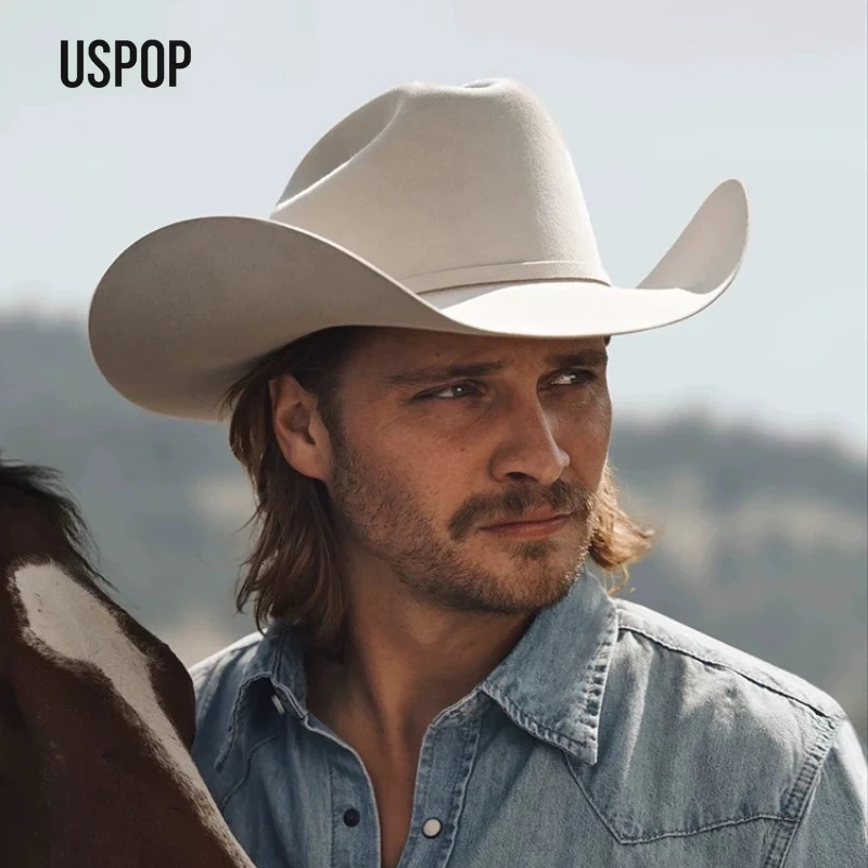 USPOP 100% Wool Felt Cowboy Hat with Belt Buckle 4 Sizes Wide Brim Jazz Hat Autumn Winter Fedoras 250829