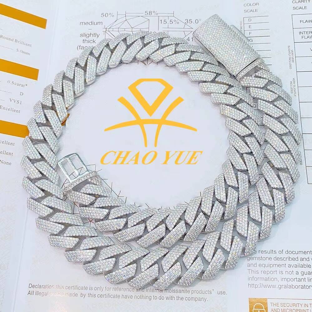 925 Silver Moissanite Mens Necklace 18mm CrossBorder Europe United States 4Row Essential HipHop Trend Personality Collarbone