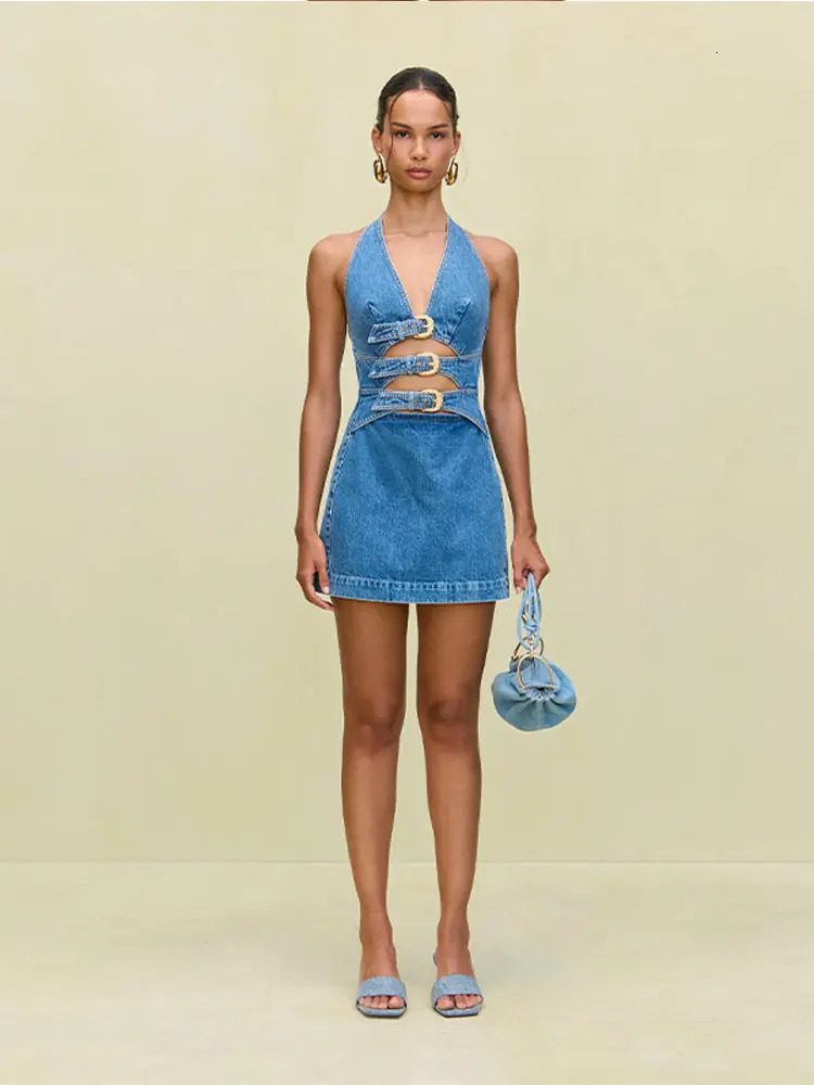 Deep V Neck Halter Denim Dress Hollow Out Belt Waist Cinched Slim Fit Cowboy Women Vest Short Dresses Streetwear Clothes 250901