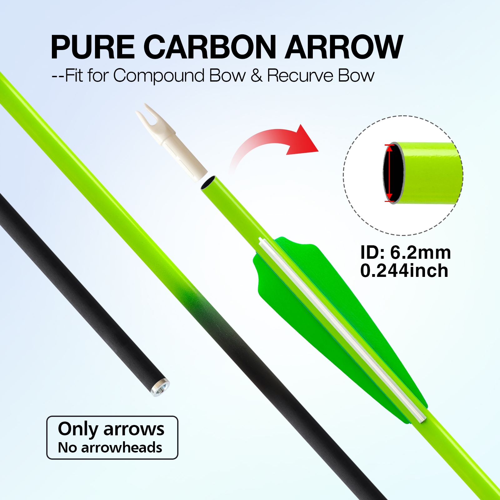 Carbon Fiber Target Archery Arrows - 6.2mm Gradation Shaft, 31 Inch Length, Ideal for Reccurve/Compound Bows with Various Spines (12-Pack)