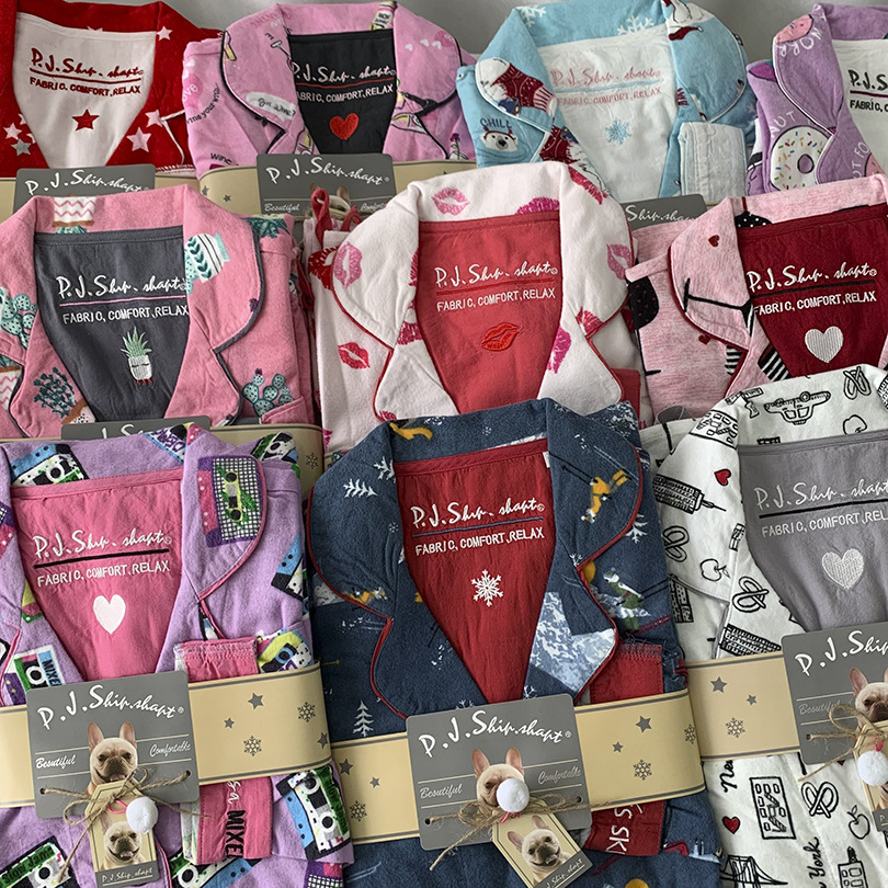 Custom New Pure Cotton 2 Piece Set Pajamas Women Print Cartoon Nightwear Long Sleeve Trousers Set Autumn Loungewear Home Clothes pjs suit