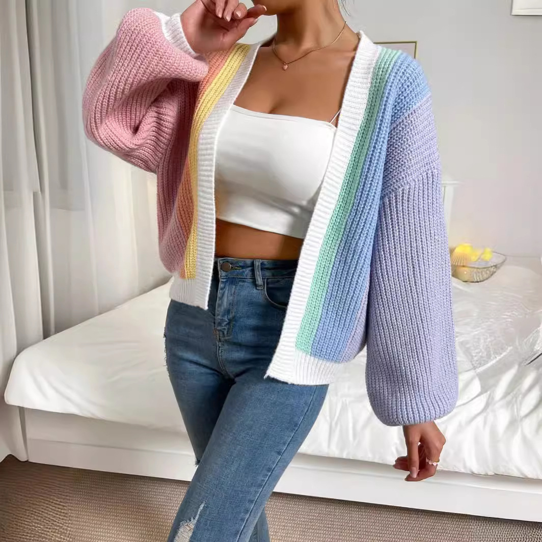 BUILDINGB Fashion Ladies V-Neck Long Sleeve Cardigan Autumn Streetwear Loose Coats Elegant Rainbow Crochet Hollow Knitted 240323