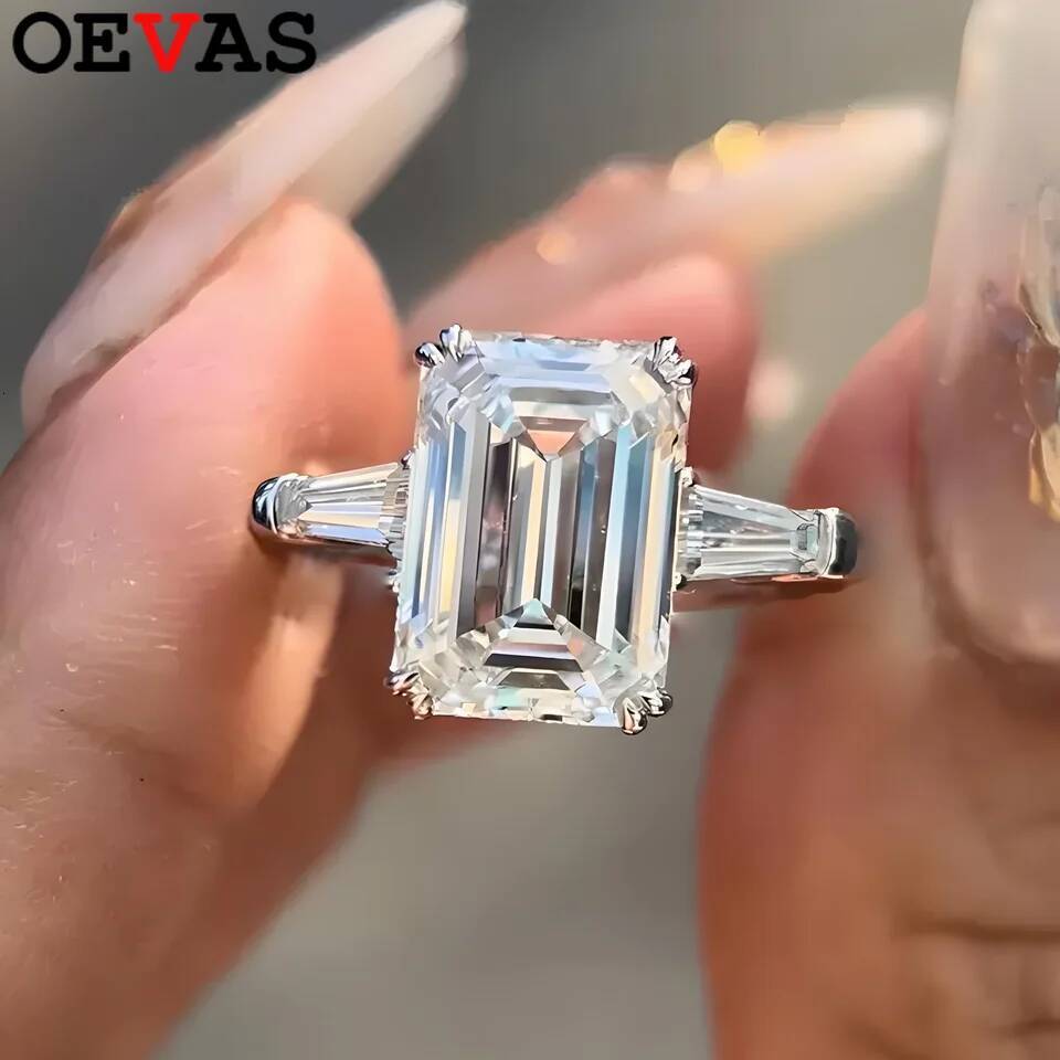 OEVAS 913mm Emerald Cut Zircon Ring For Women 100 S925 Sparkling Wedding Engagement 3stone Band Party Fine Jewelry