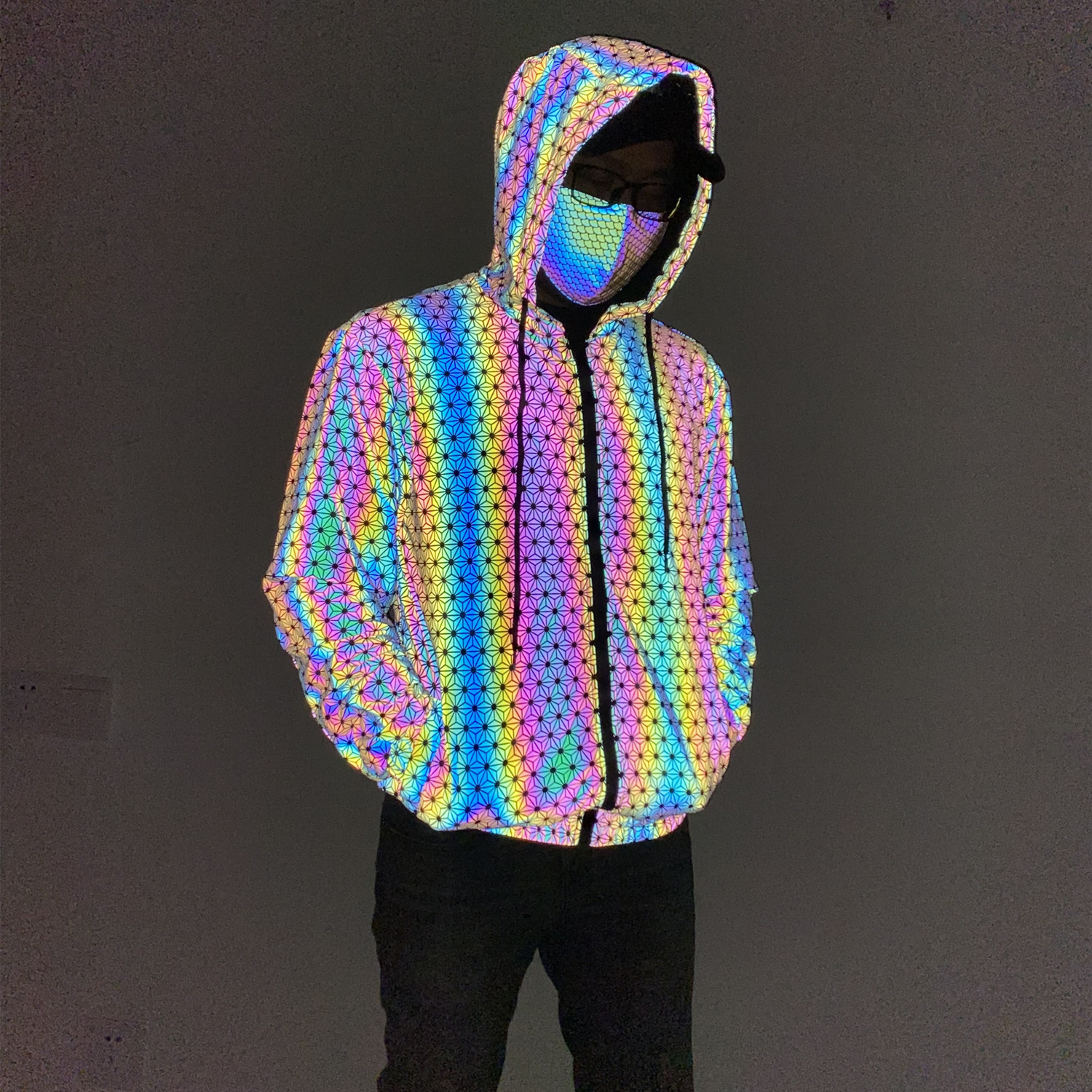 Men's Jackets Geometric Pattern Colorful Reflective Jacket European American Style Knitted Breathable Rainbow Luminous Coat - view 3