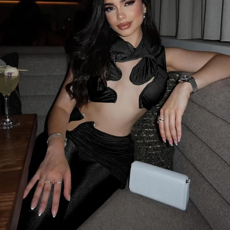 Summer Womens Two Piece Set Chic Y2K Hollow Sliky Tank TopsShirring Pants Female Trend Sexy Street Matching Suits 250901