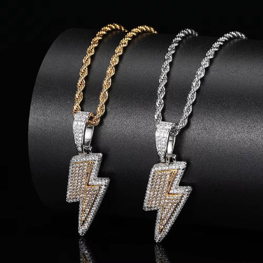 Wholesale Hip Hop Hipster Jewelry Gold Plated Micro Pave AAA CZ Lightning Pendant Necklace