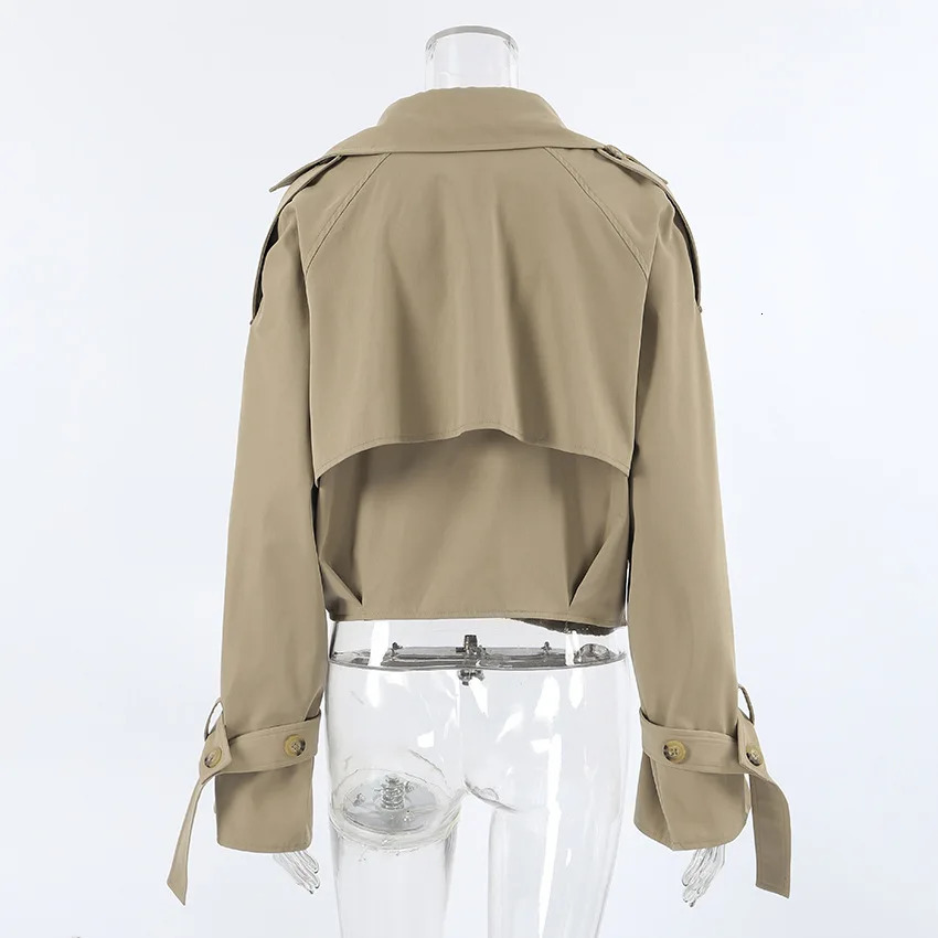 Chic Khaki Double Breasted Short Trench Coat For Woman Causal Lapel Pleated Loose Jackets 2025 Autumn Outerwear Tops Female 250901