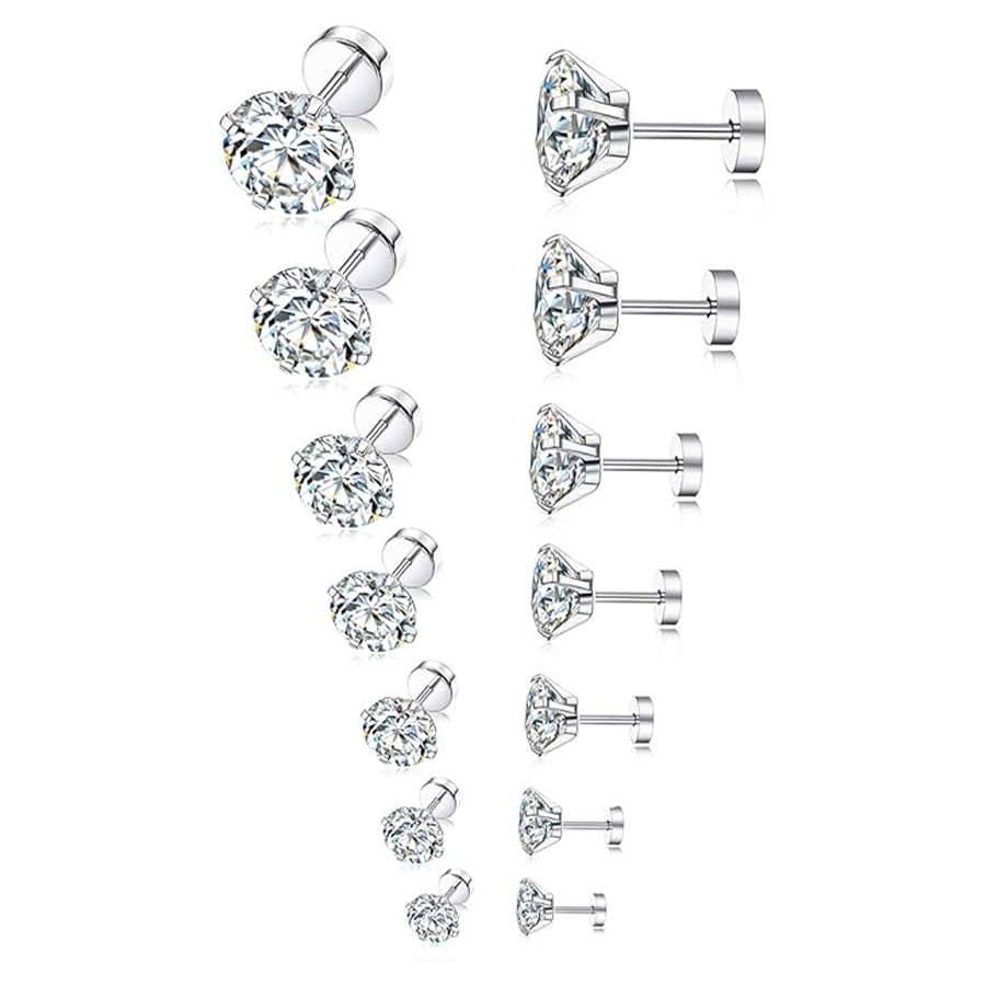 7 Pairs 20G Stainless Steel Stud Earrings Screw Back Round Cubic Zirconia Barbell Earring Set For Men Women 2MM-8MM Silver Tone