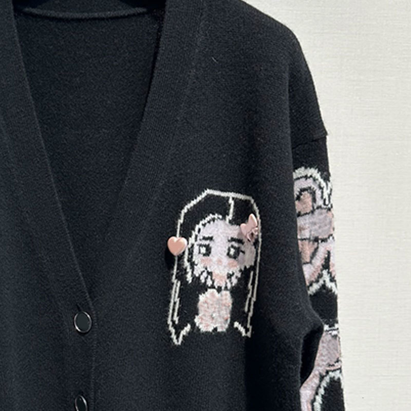 Luxury Retro Oversized Ladies Black Cashmere Cardigan, V-Neck Button Down Sweater With Embroidered Details, High Quality S0901