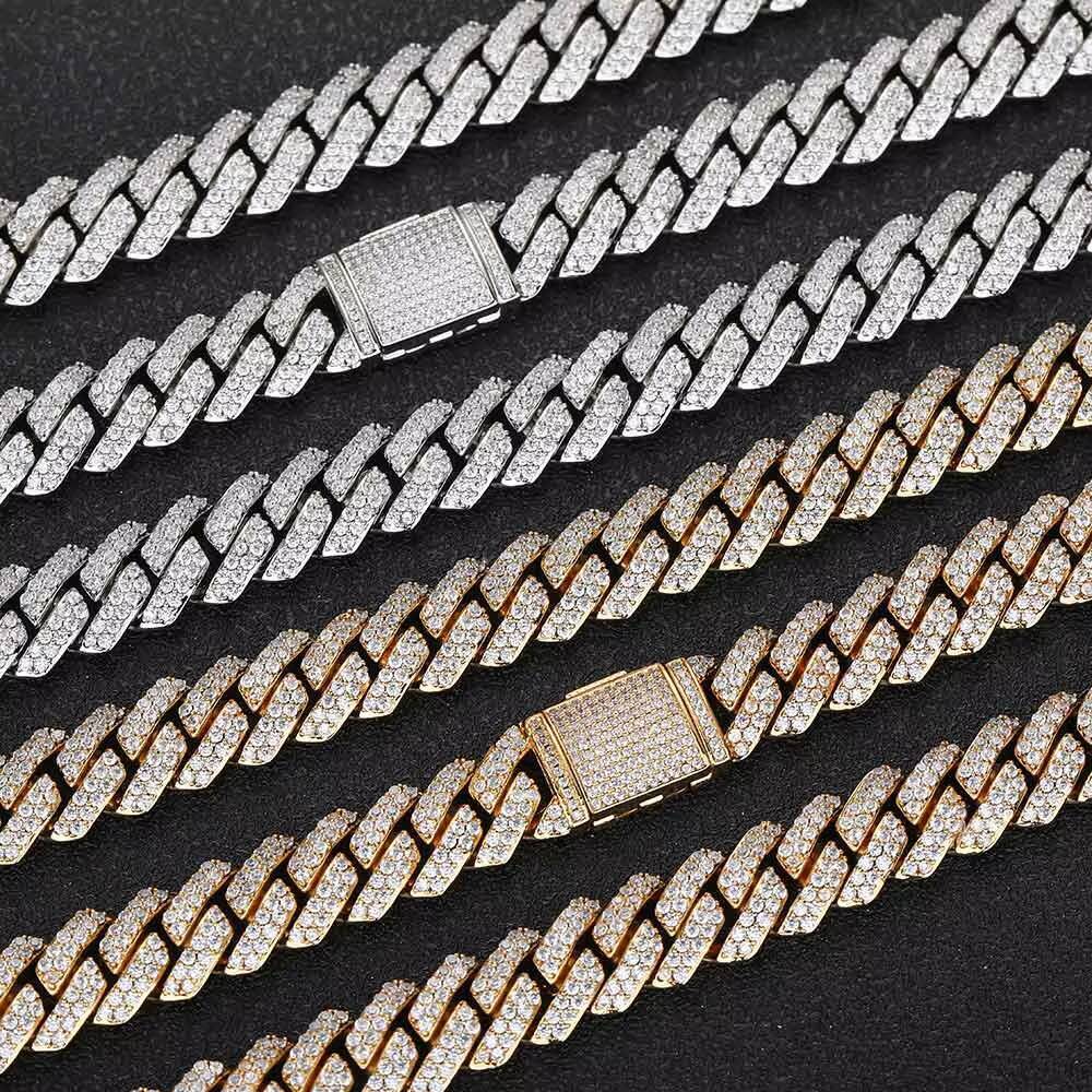 ESKEEM Hiphop Hight Quality 10mm Cuban Link Chain 18K Gold Plated Two Row Diamond Prong Cuban Chain Necklace Rock Jewelry