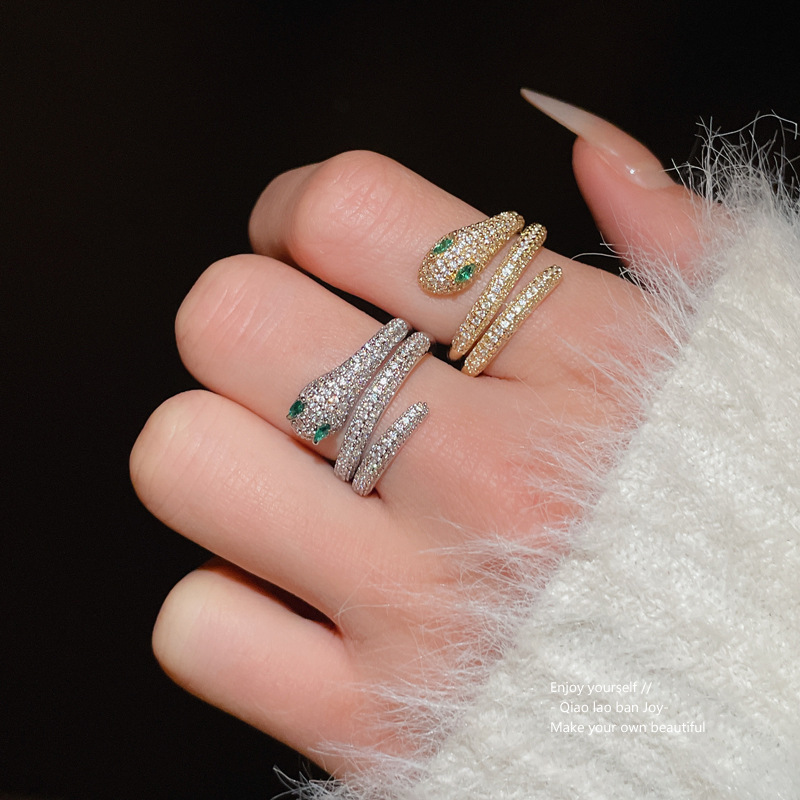 Luxury Brand Designer Jewelry Real Gold Plated Zircon Snake Open Ring New Chinese Style Light Luxury Versatile Index Finger Ring Commuting Internet Ce