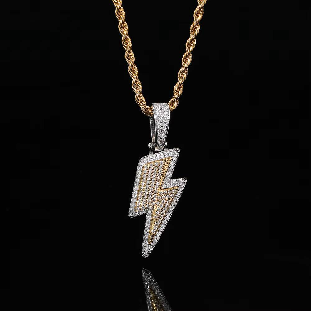 Wholesale Hip Hop Hipster Jewelry Gold Plated Micro Pave AAA CZ Lightning Pendant Necklace