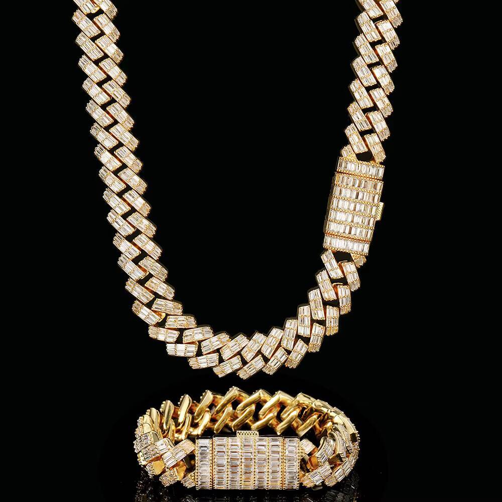 18mm Mens Chunky Cuban Necklace Gold Plated Iced Out 5A Bling CZ Flip Clasp Baguette Cuban Link Chain