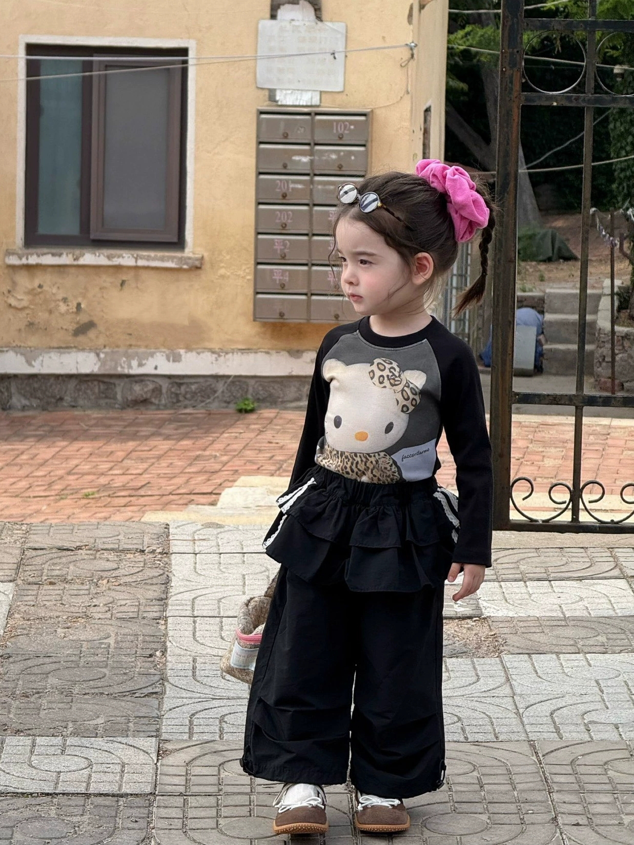 Autumn girls cartoon printed T-shirt fashion children cotton long sleeve tops kids falbala Fart curtain casual pants S4515