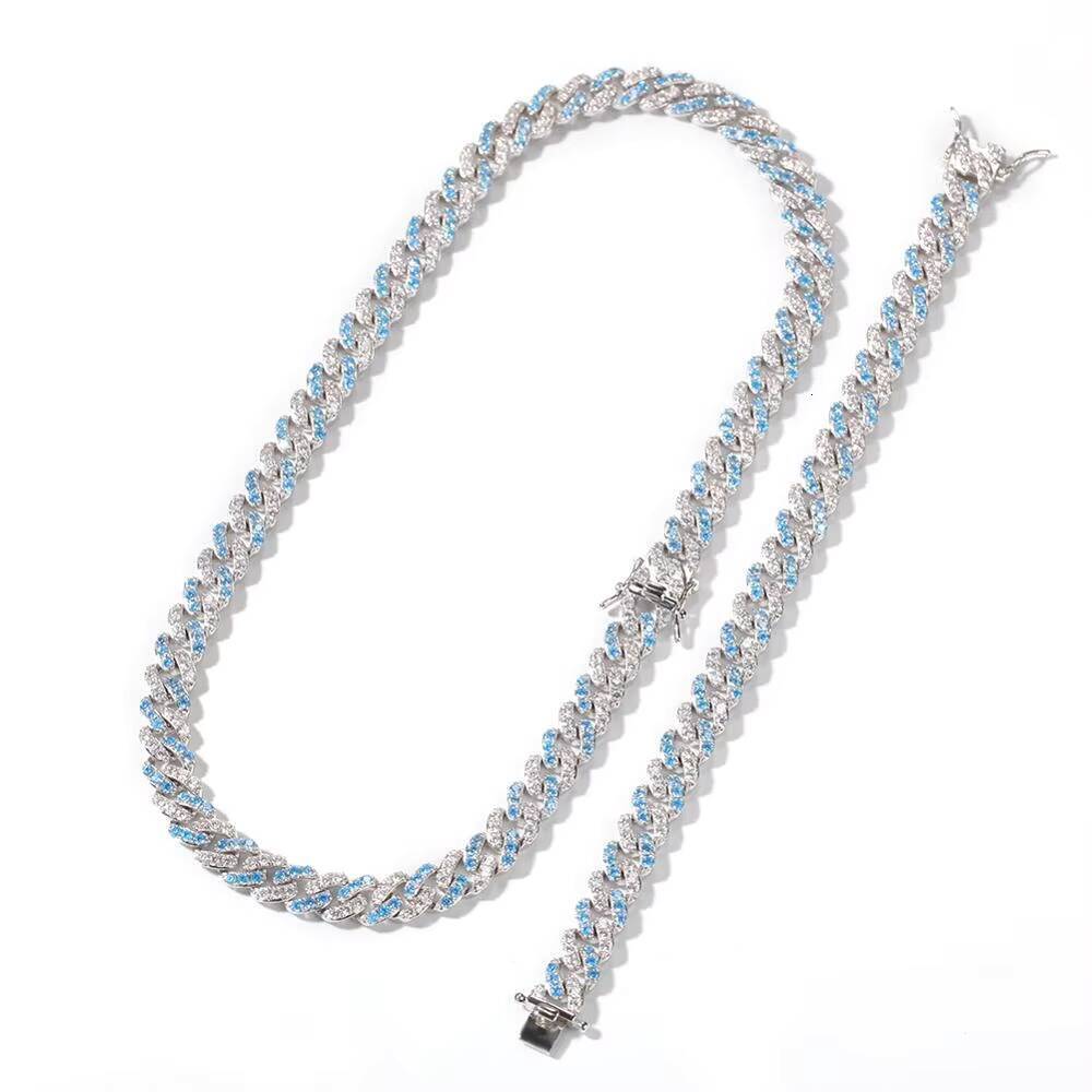 Wholesale 9mm Blue CZ Diamond Necklace Iced Out Bling Rapper Cuban Link Chain for Dropshipping