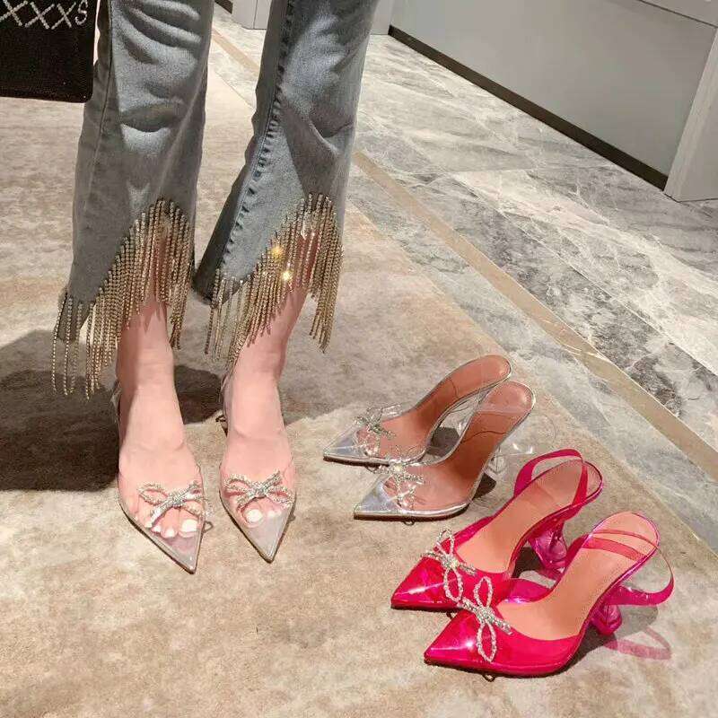 2025 Summer Pointed Crystal Fairy Ladies Wind Rhinestone Butterfly-Knot Transparent High Heel Women Sandals