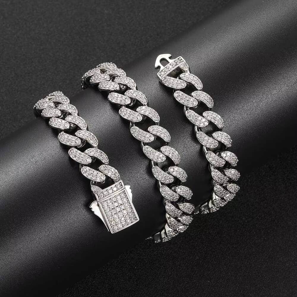 Eskeem 12mm Cuban Link Chain Necklace with Zircon for Men and Women 2Row Iced Out Hip Hop Fine Jewelry