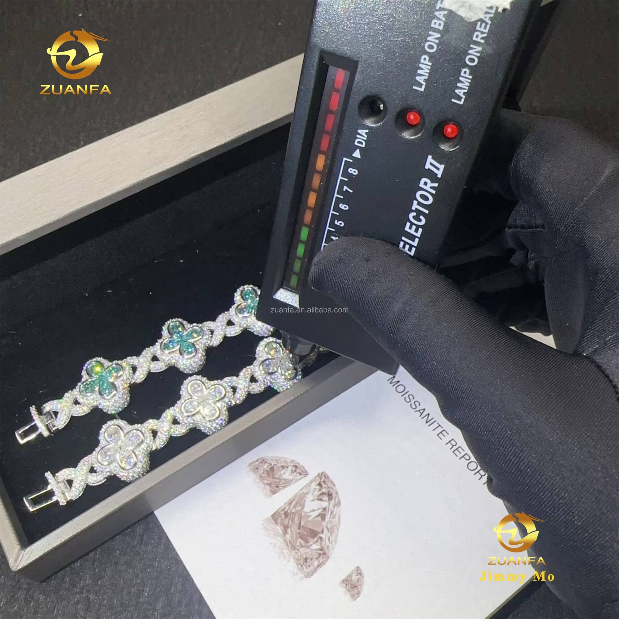 New Arrivals Popular 18mm Pear Flower Design Hip Hop Jewelry Iced Out Blue Green Moissanite Infinity Cuban Link Bracelet Men