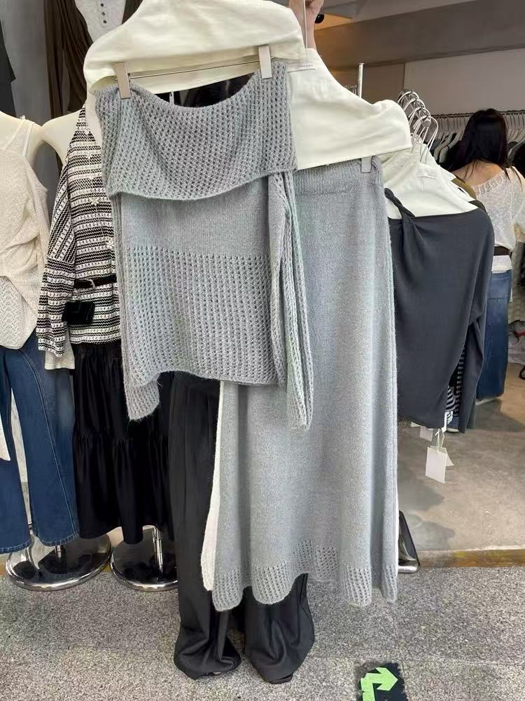 KC170 New Korean style off-shoulder hollow design knitted top skirt