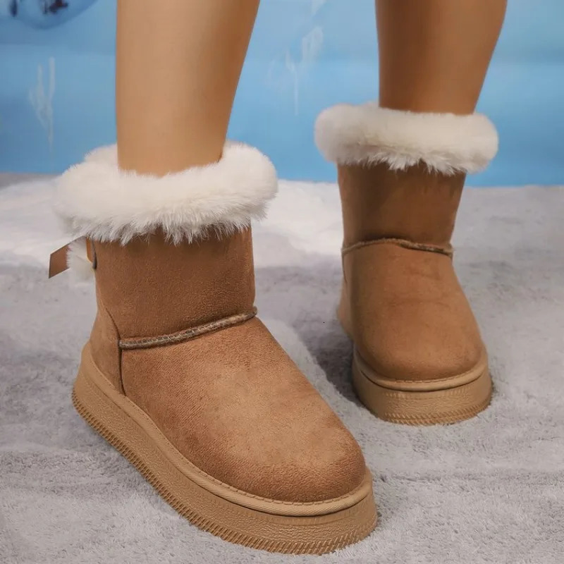 Fashion Bow Fleece Thicksoled Large Size Flatbottomed Winter Womens Snow Boots 250901