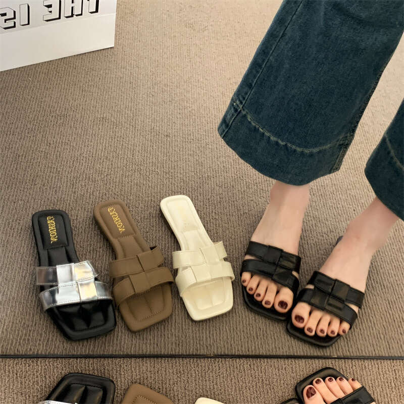 French Style Square Open Toe Chunky Heel Sandals for Women Outdoor 2025 Summer New Fashion Woven One-Strap Beach Slippers
