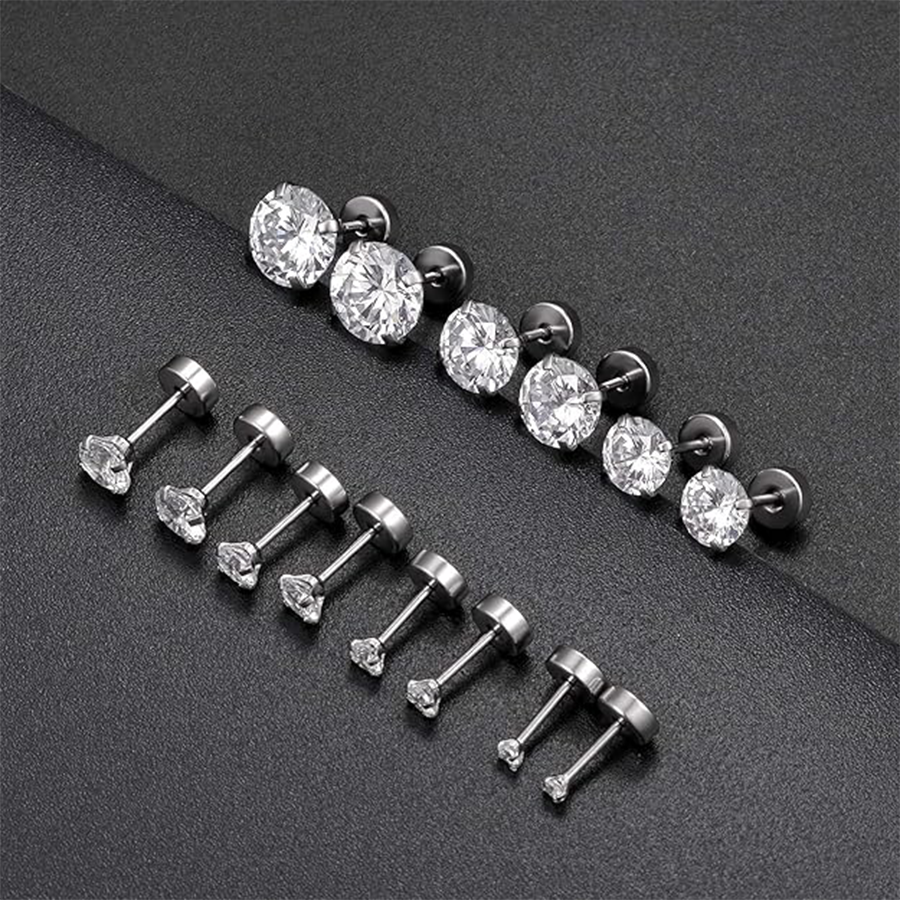 7 Pairs 20G Stainless Steel Stud Earrings Screw Back Round Cubic Zirconia Barbell Earring Set For Men Women 2MM-8MM Silver Tone