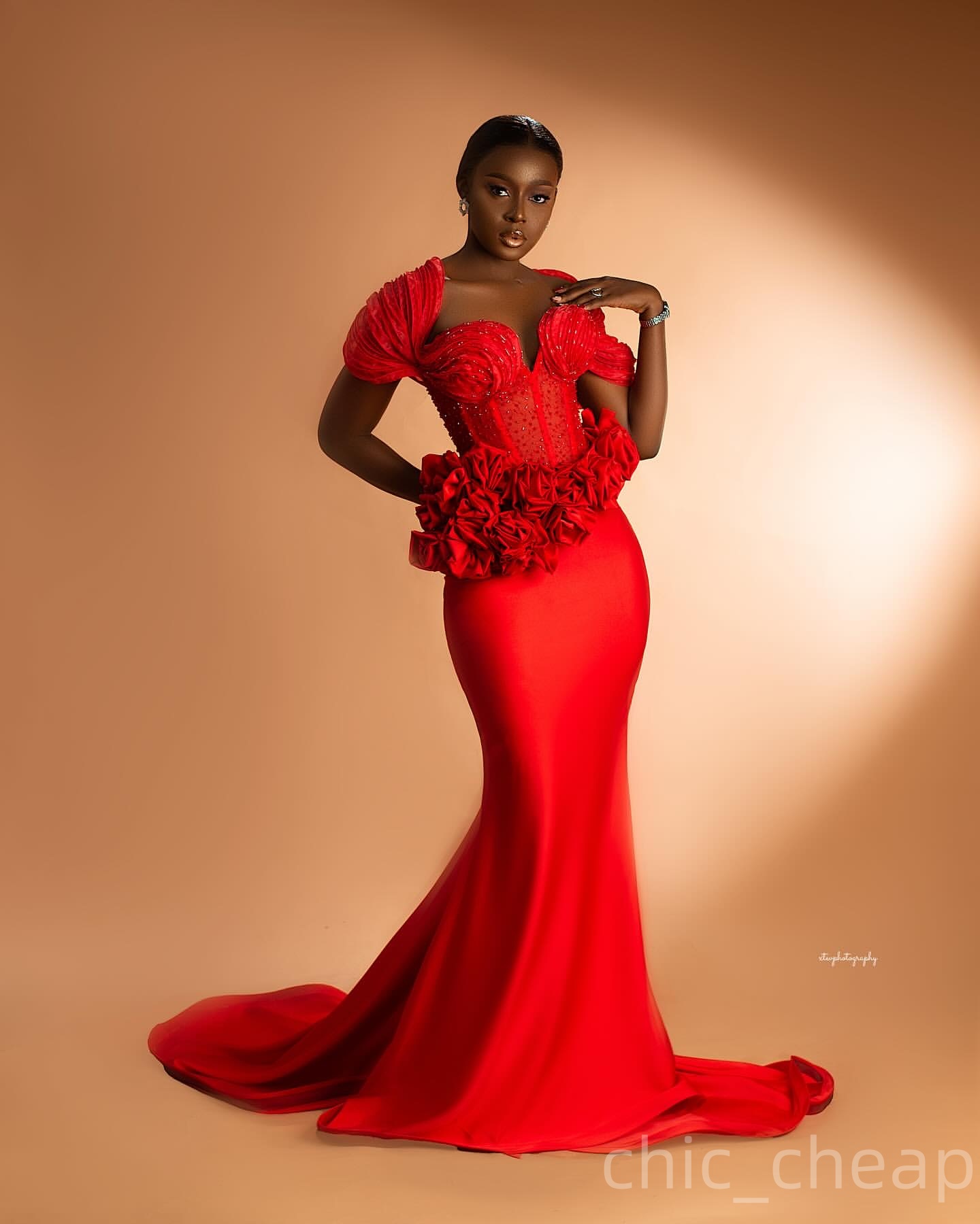 Aso Ebi Red Mermaid Prom Dresses 2025 Beaded Flowers Portrait Evening Formal Party Second Birthday Engagement Gowns Plus Size Dress For Special Occasi