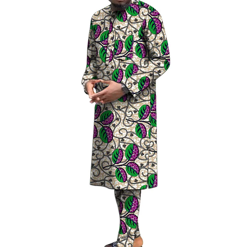 Nigerian Print Men's Set Long Sleeve Shirt & Pant Traditional Robe African Couture Male Wedding/Party Groom Suit