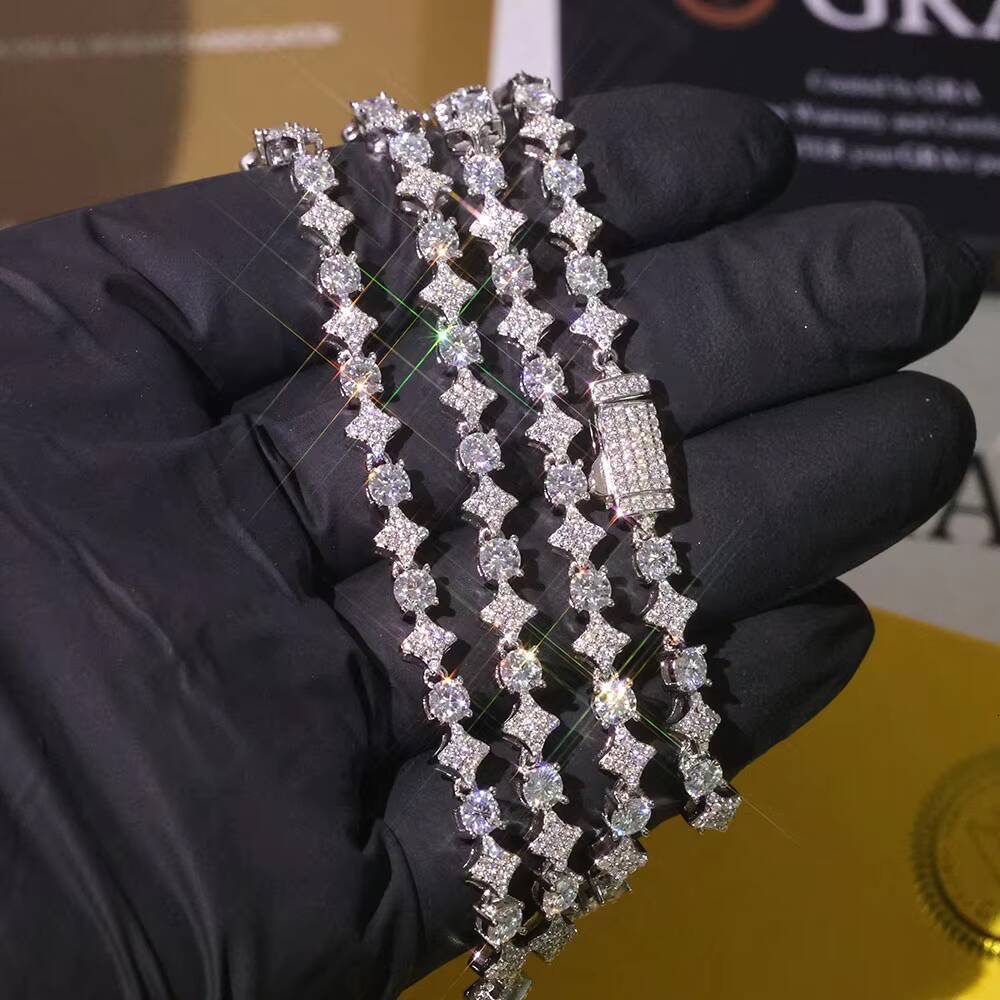 6mm 925 Sterling Silver Jewelry Diamond Tennis Bling Moissanite New Design Star Shape Fine Chain White Gold Necklace for Women