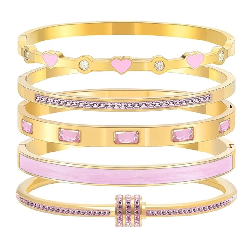Stackable Gold Color Bangle Bracelet Set for Women 18K Plated Stainless Steel Pink Crystal Love Heart Jewelry 250901