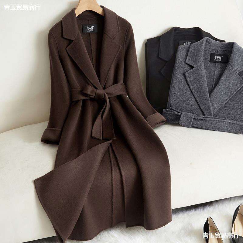 Double-Sided Cashmere for Women, Mid-Length, 2024 Autumn/Winter New Style, High-End Feel, Elegant Waist-Cinching, Coffee Color Woolen Coat