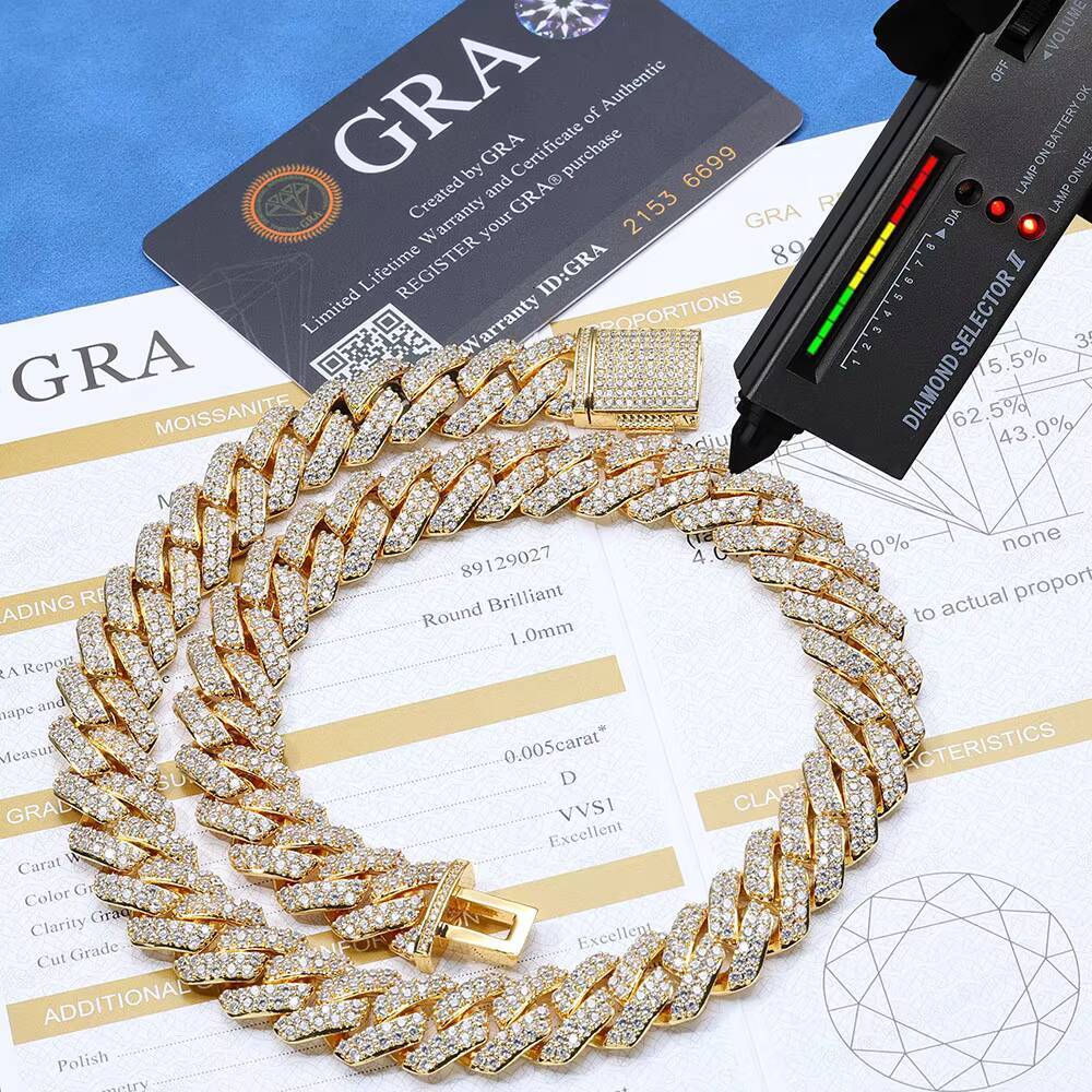 Fine Jewelry 925 Sterling Silver 15mm Shining Diamond Cuban Link Chain Passes Diamond Tester VVS Moissanite Necklace