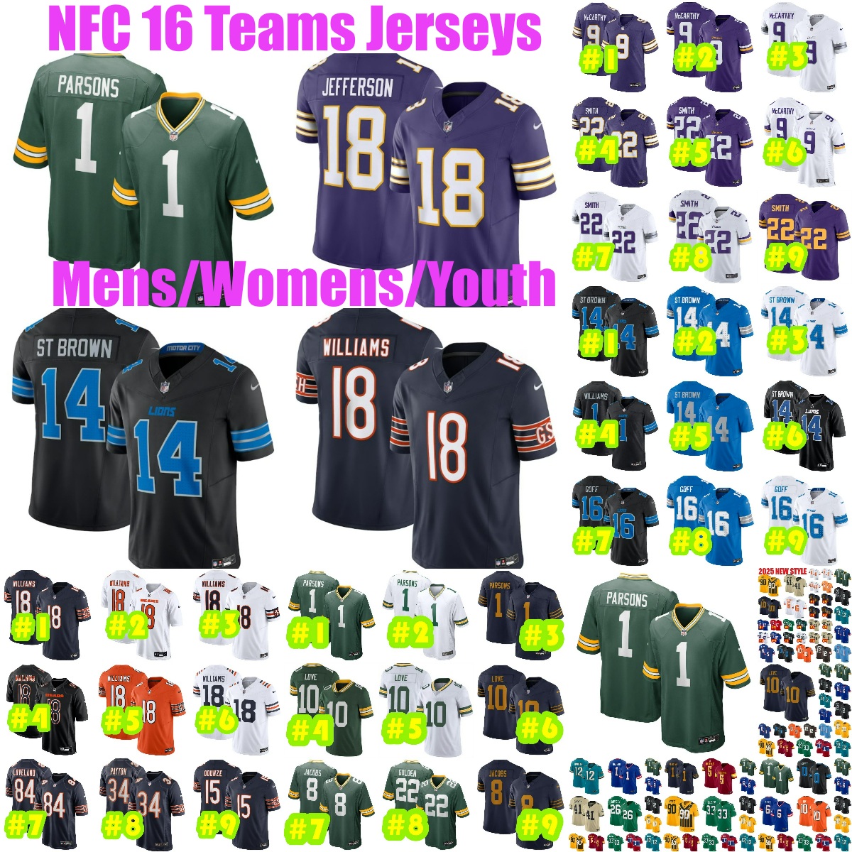 16NFCteams Micah Parsons #10 Love Jersey Caleb Williams Harrison Smith Jared Goff Adam Thielen Josh Jacobs Amon-Ra St. Brown Justin Jefferson Adam Thielen Jerseys 4xl