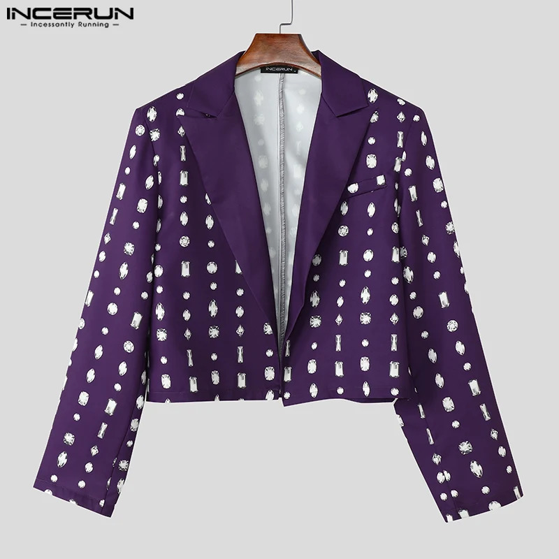 INCERUN Men Cropped Blazer Lapel Collar V Neck Open Front Long Sleeve Diamond Printed Party Wear Office Business Suit 250901