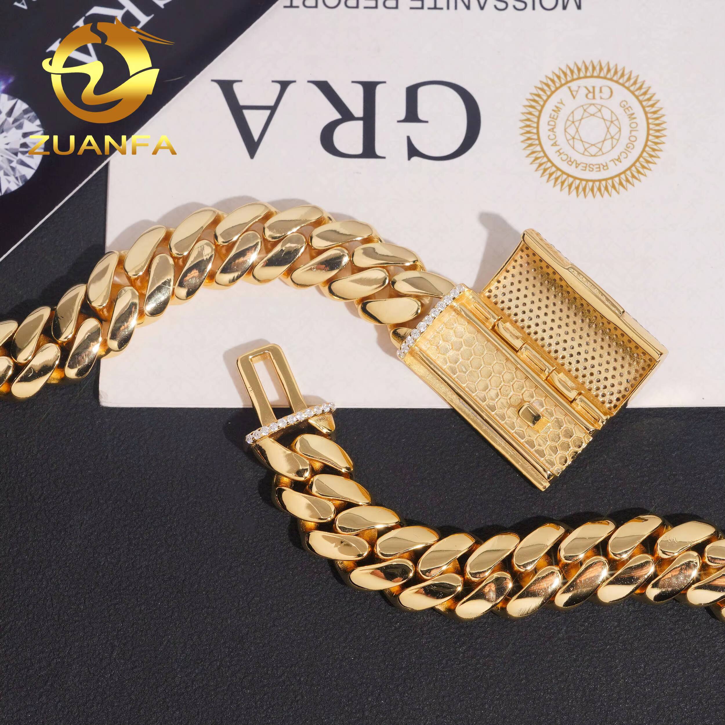 Real Gold Plated 12mm Moissanite Clasp Chain Cuban Links Plain Miami Chain Pass Diamond Tester 925 Cuban Link Chain Necklace