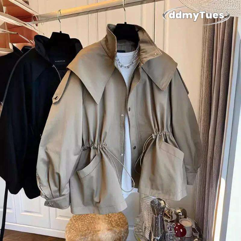 2025 Spring and Autumn New Design, niche, loose, casual, short, drawstring drawstring waist collection workwear, windbreaker jacket for women ddmytues