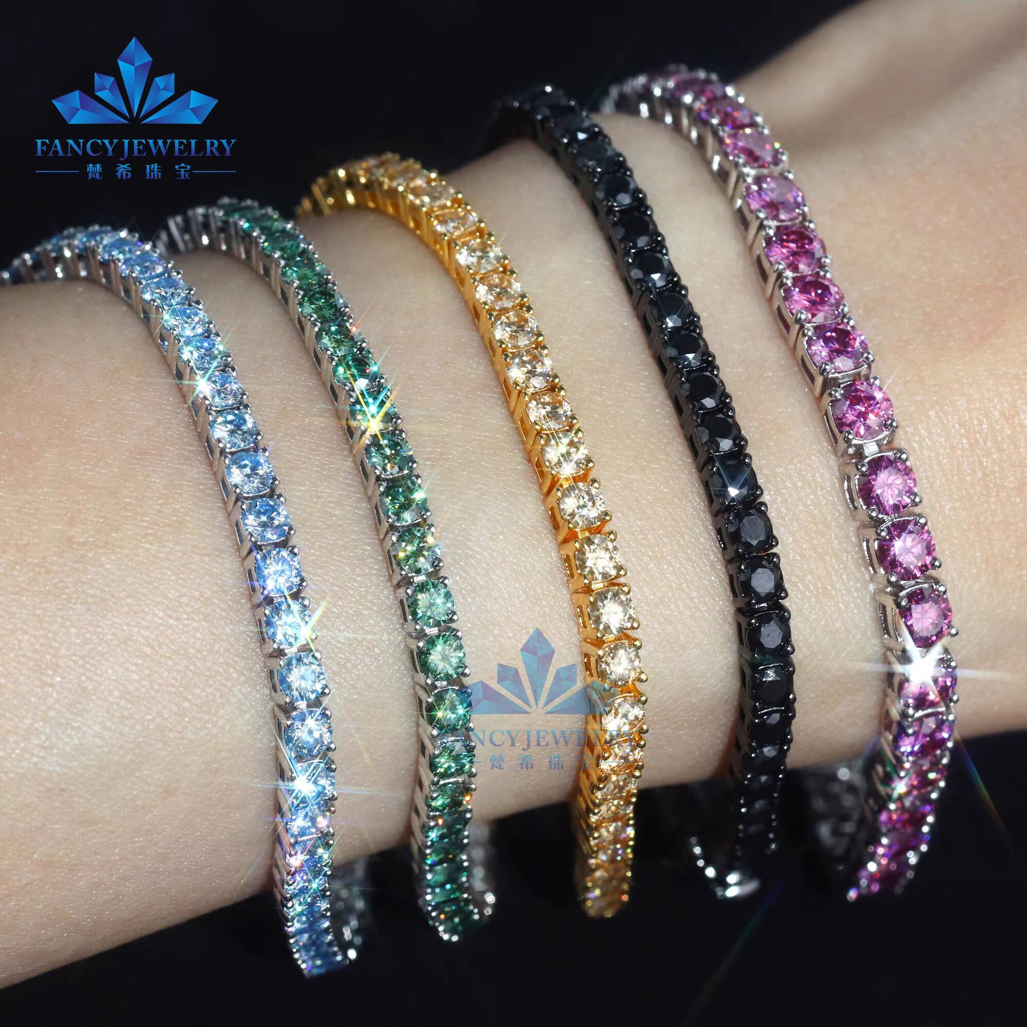 Fashion Gemstone Tennis Bracelet Women Jewelry18K Gold Plated Black Pink Yellow Blue Green Bracelets for Girls