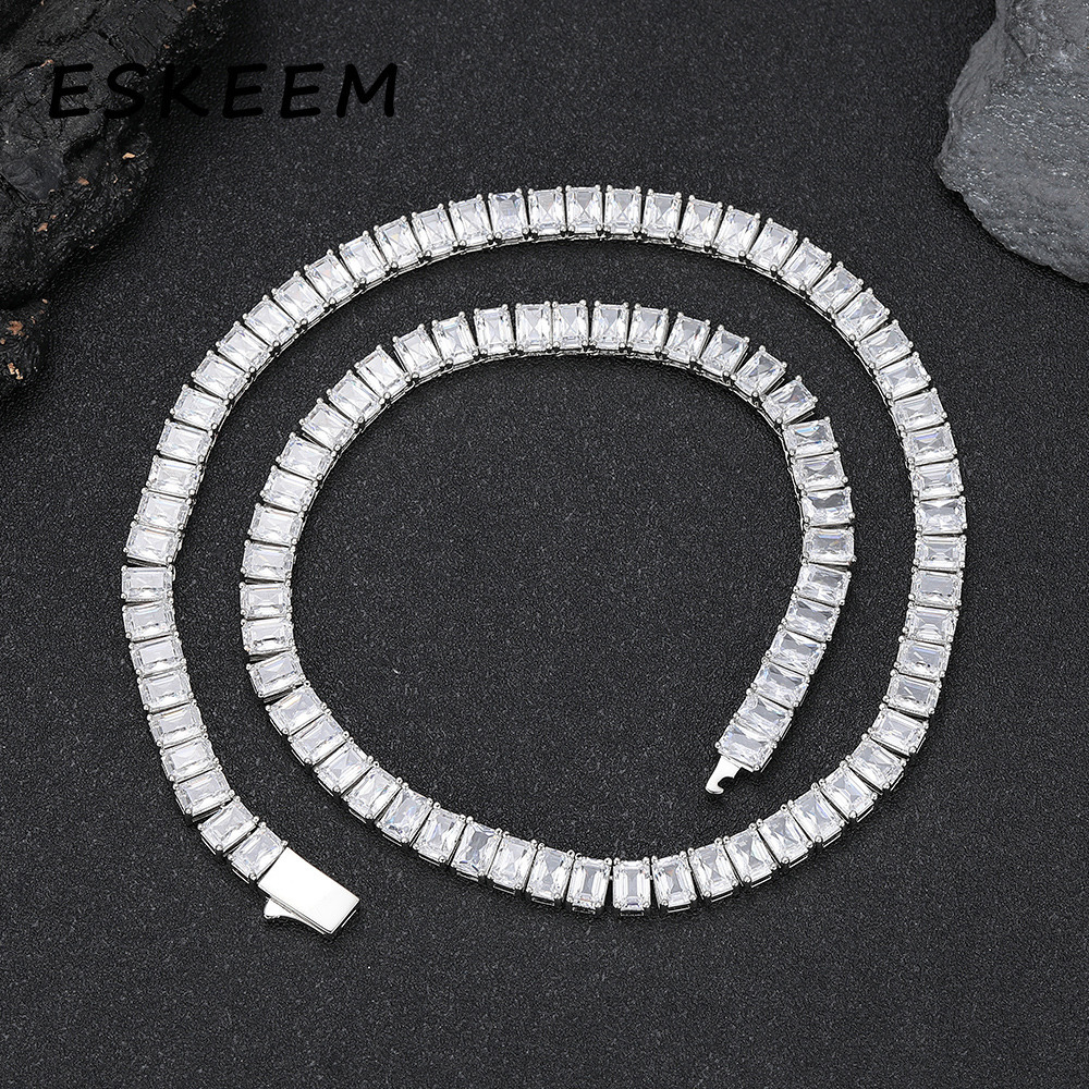 Eskeem Tennis Chain Necklace 6mm Iced Out Baguette Zircon Womens Hip Hop Fine Jewelry