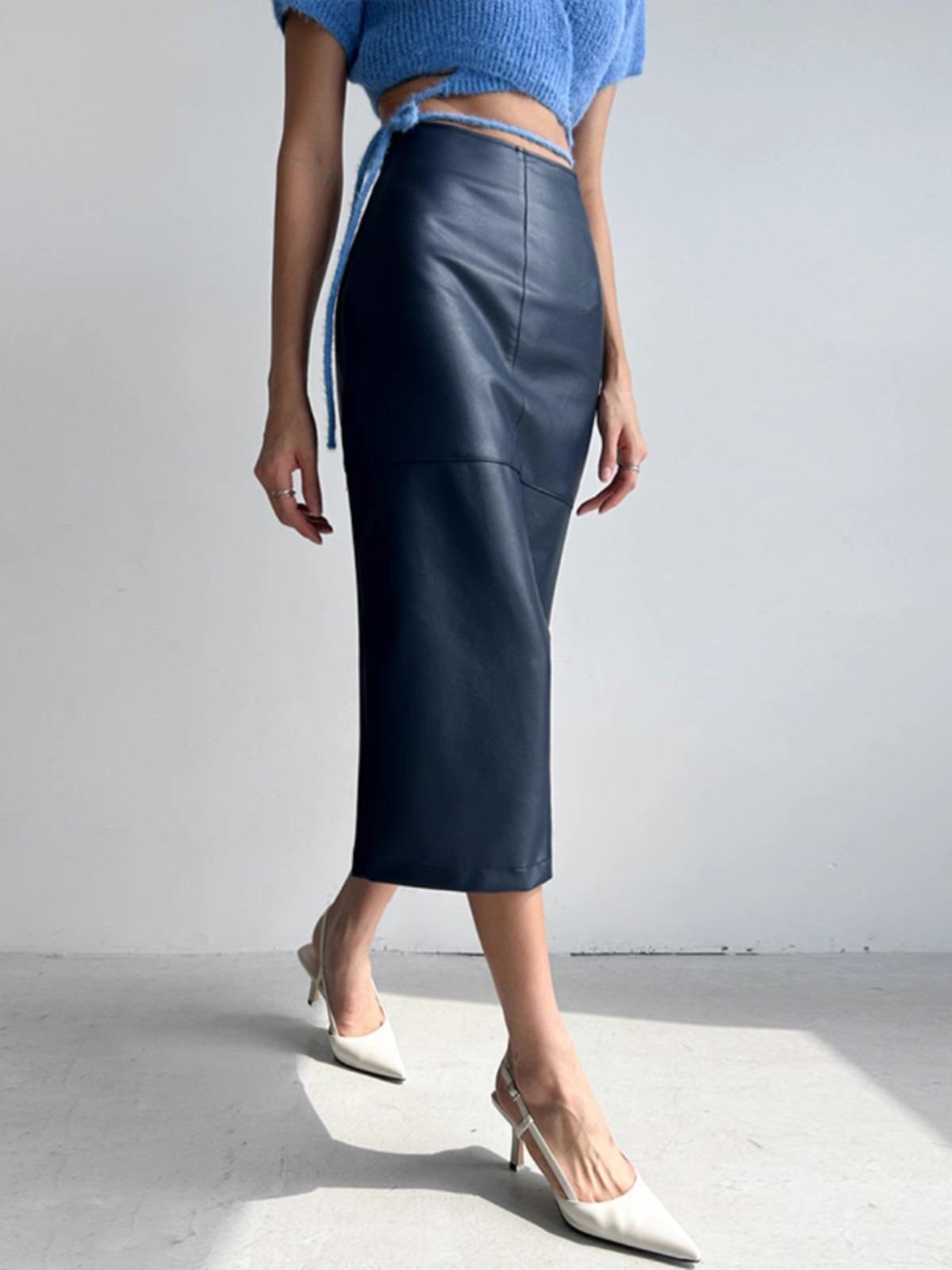 Real Leather Skirt, High Waist, Elastic, Genuine Strecth Sheepskin, Long Slit, Thin, OL, Spring And Autumn dongdumaoyi