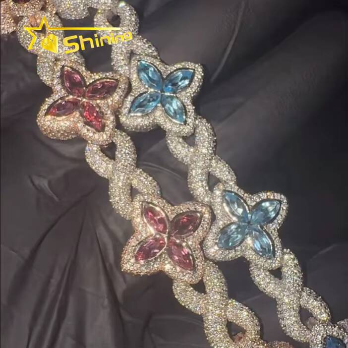 Hot Sale Popular Shining Hip Hop 925 Silver Pink Blue Marquise Infinity Cuban Link Moissanite Bracelet