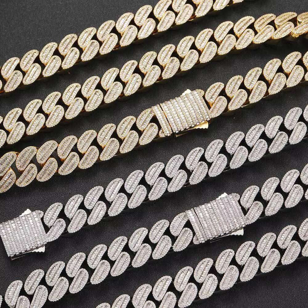16mm Mix Paved Baguette Diamond Chain 18k Gold Plated Iced Out Two Rows CZ Prong Cuban Necklace