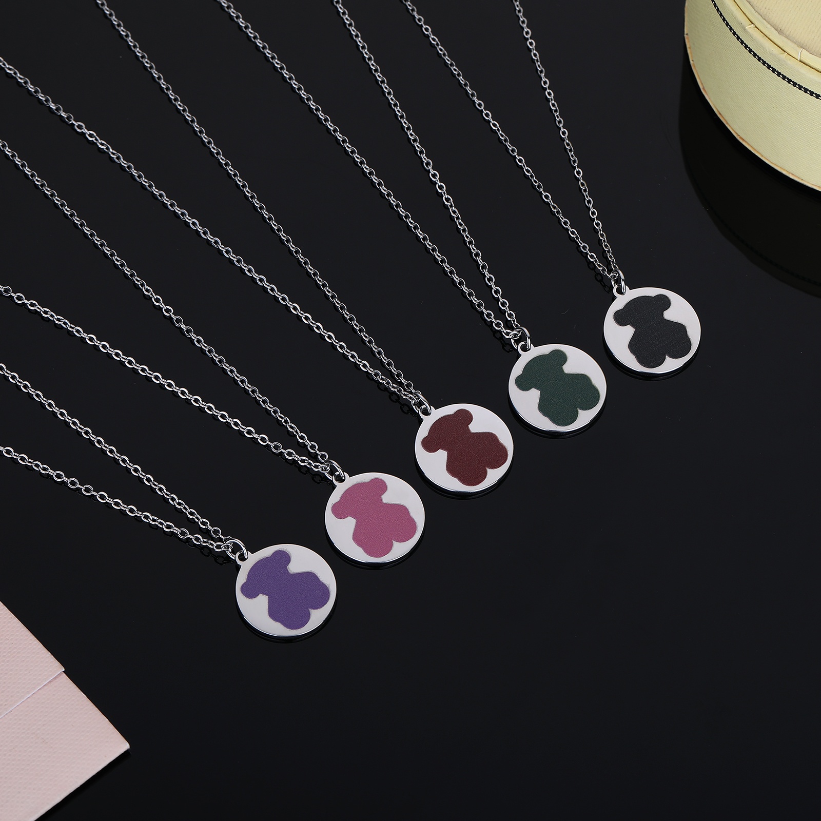 Hot Sale Fashion Women Silver Gold Stainless Steel Bear Cartoon Animal Butterfly Pink Blacj Green Drop Oil Pendant Circle Necklace Jewelry