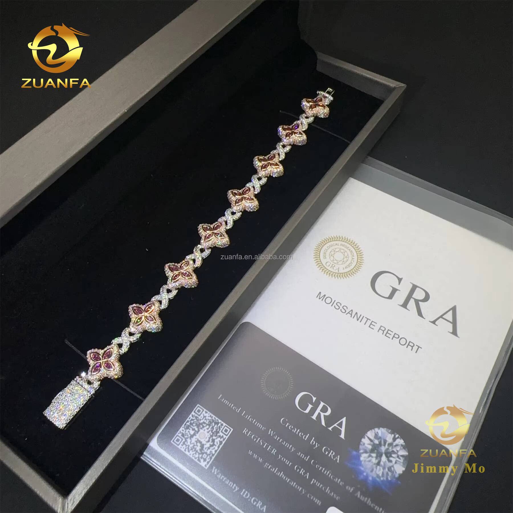 New Design 15mm Marquise Flower Luxury Jewelry Hip Hop Jewelry Iced Out Pink Moissanite Diamond Infinity Cuban Link Bracelet