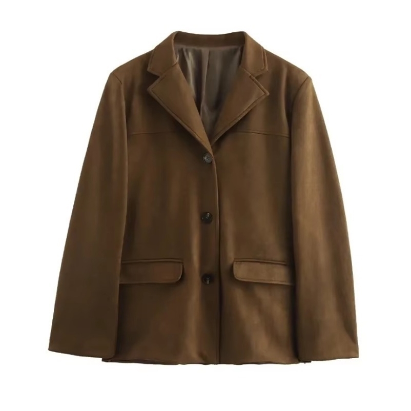 Talenza Vintage Womens Suede Leather Jacket Single Breasted Lapel Brown Blazer Loose Coats Autumn Office Lady Outerwears 250901