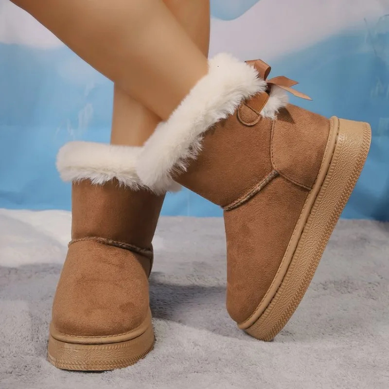 Fashion Bow Fleece Thicksoled Large Size Flatbottomed Winter Womens Snow Boots 250901