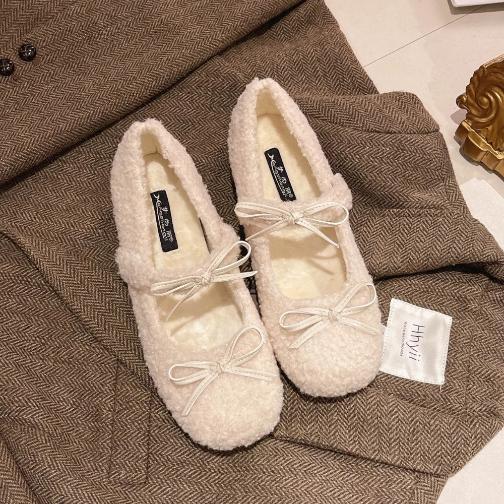 Womens Shearling Ballet Flats with Rabbit Fur Plush Lined Crystal Buckle Mary Jane Flat Shoes 250901