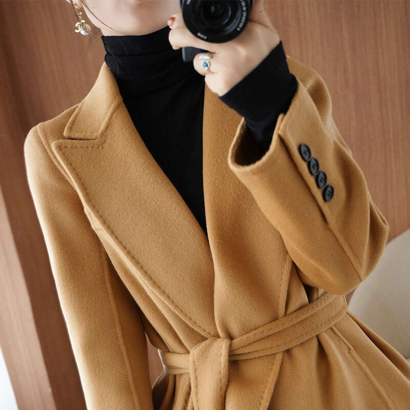 Camel Double-Sided Cashmere for Women, Long Style with Tie, Korean Version, Loose Straight Cut, New Autumn and Winter Woolen Coat