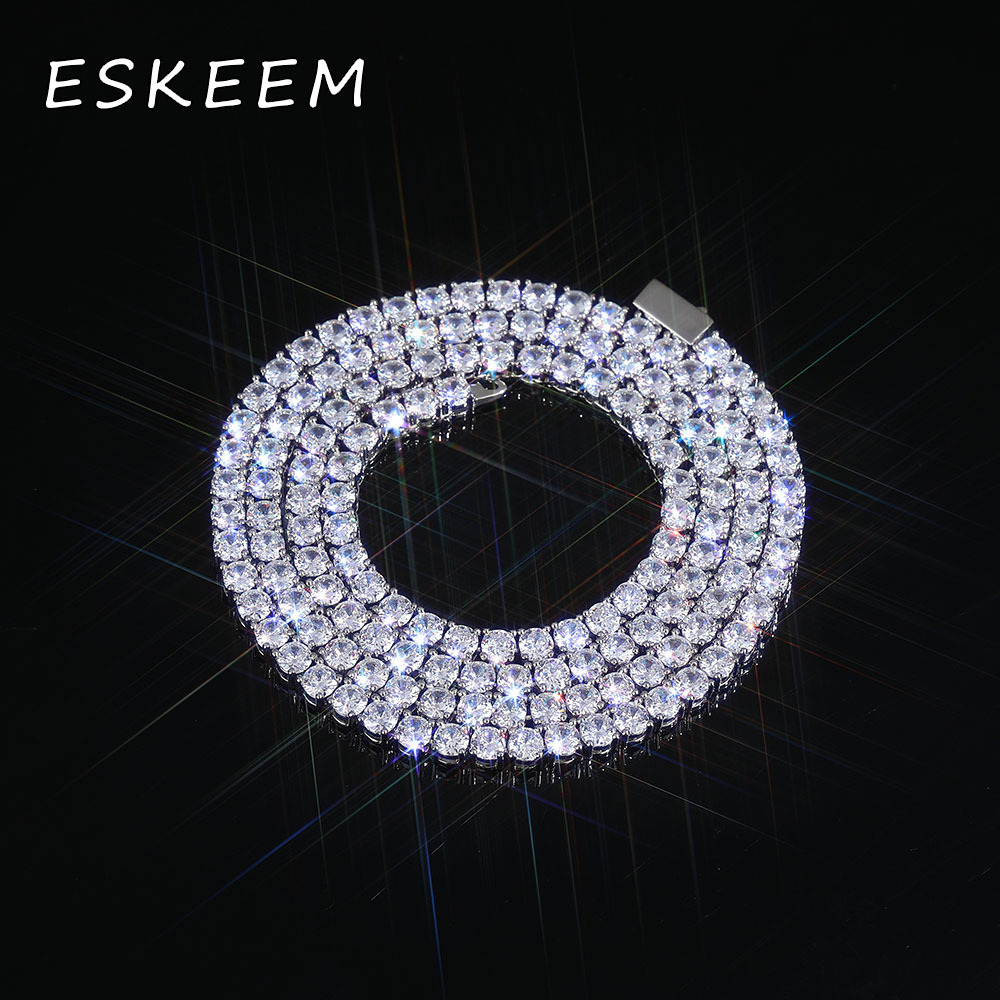 Women Jewelry 3mm4mm5mm VVS Moissanite Diamond Tennis Chain Spring Buckle White Gold 925 Sterling Silver Tennis Necklace