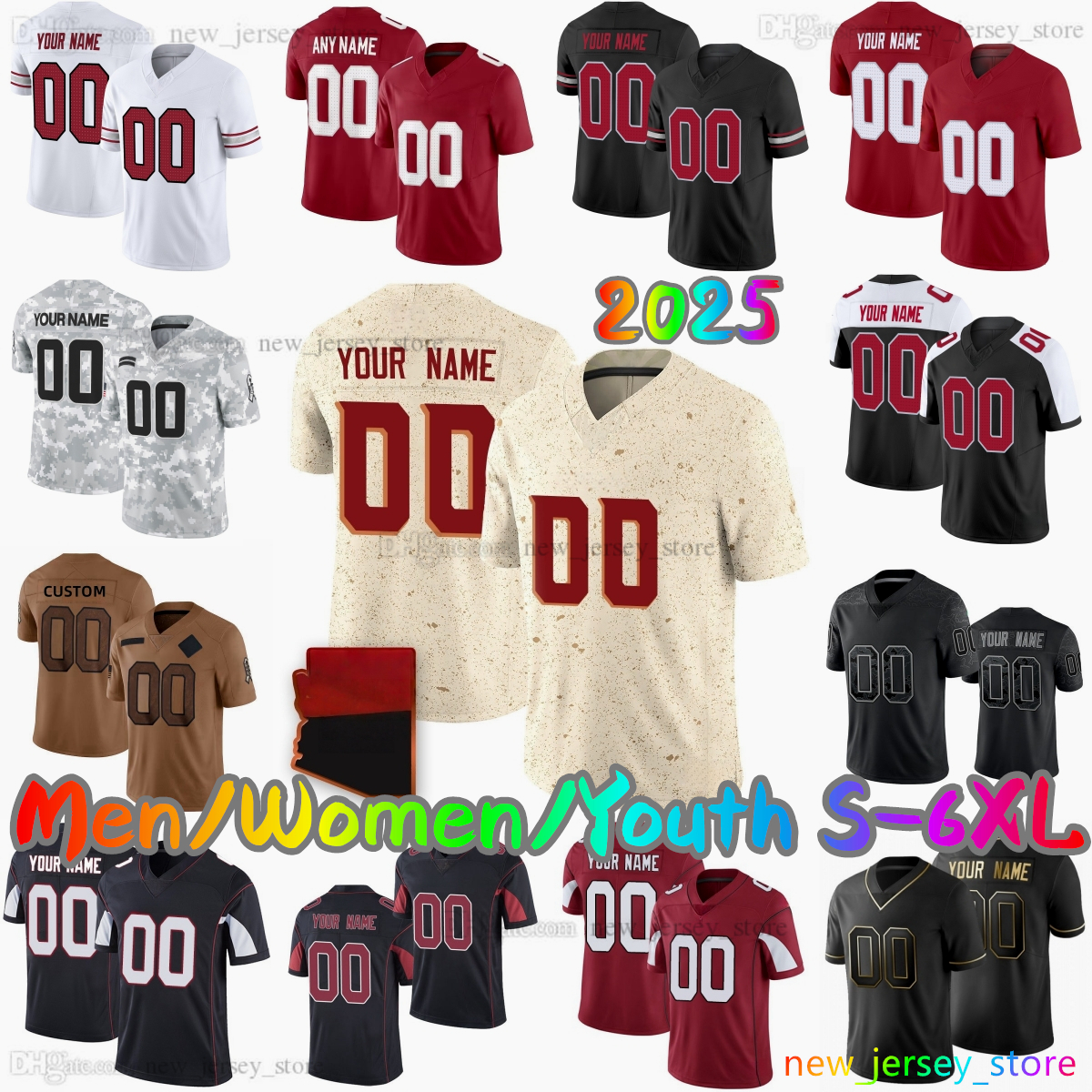 2025 Custom S-6XL DIY 1 Kyler Murray Football Jersey 18 Marvin Harrison Jr 3 Budda Baker 85 Trey McBride 70 Paris Johnson Jr. 2 Mack Wilson Blake Gillikin Stitched Jerseys