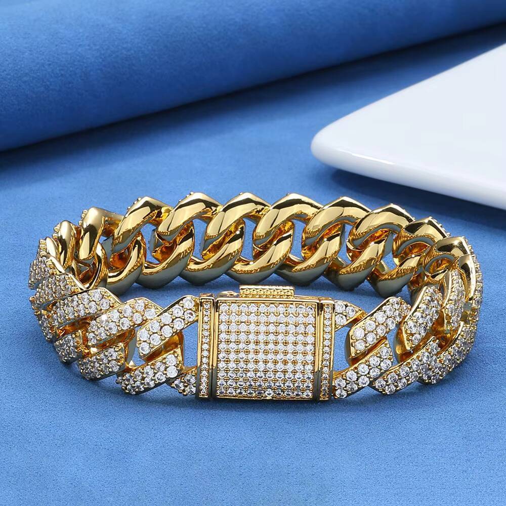 Eskeem 925 Sterling Silver VVS Moissanite 15mm 2 Rows Cuban Link Bracelet Brilliant Shining Jewelry Diamond Test Passed